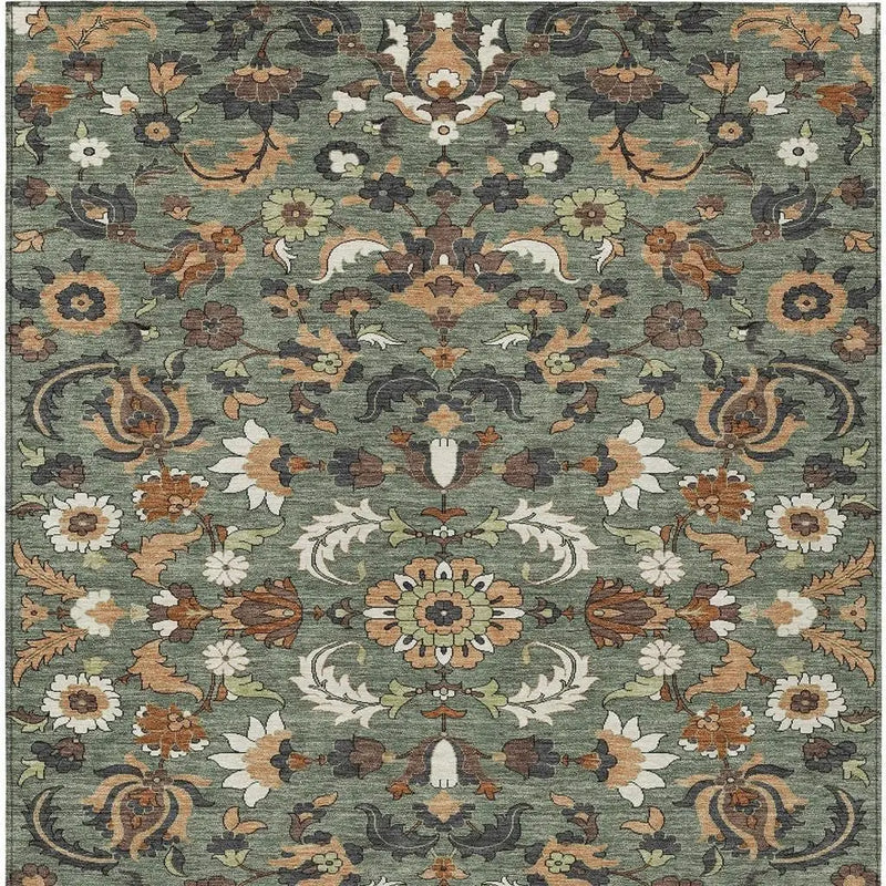 9' X 12' Green And Charcoal Floral Medallion Washable Indoor Outdoor Area Rug Homeroots Outdoor