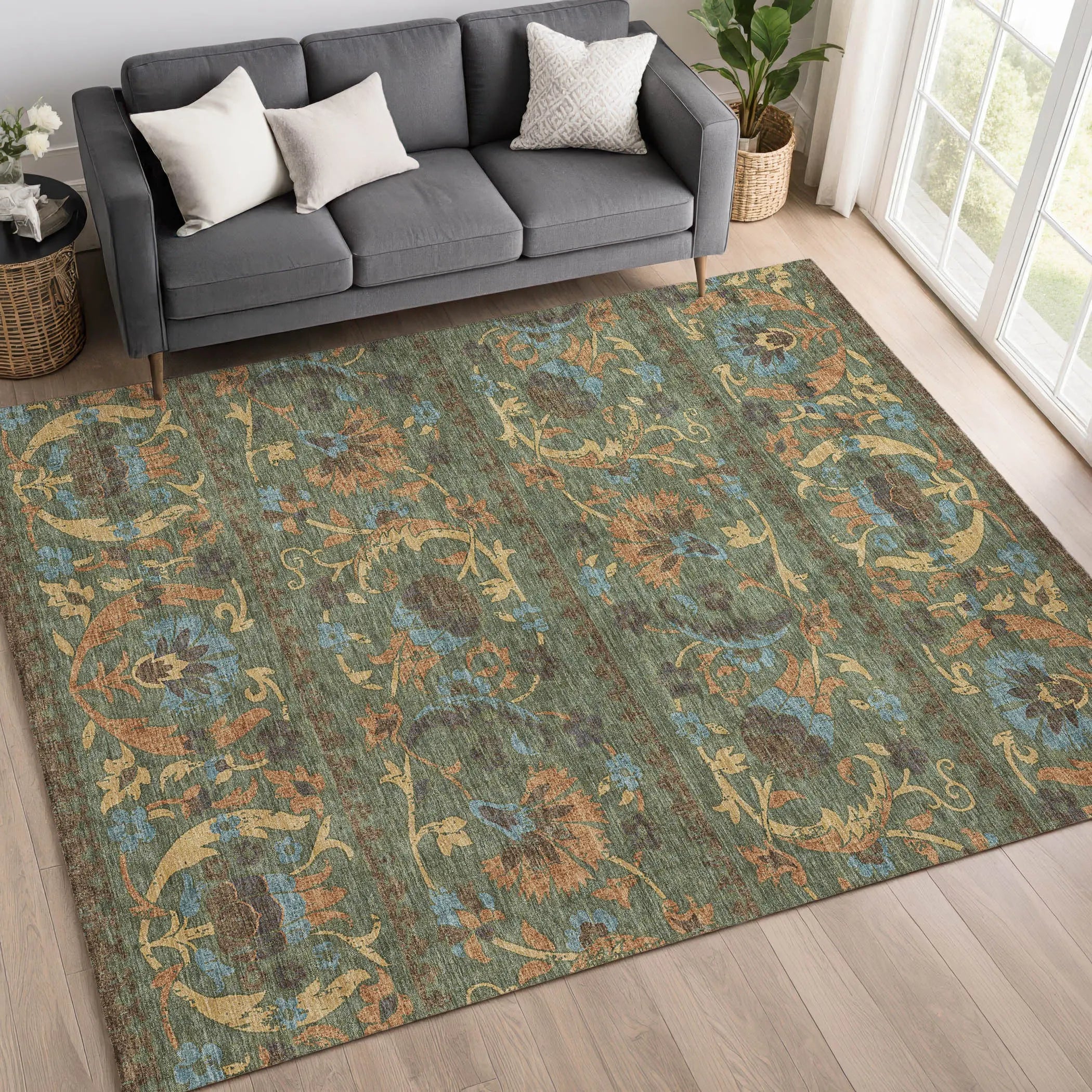 9' X 12' Green And Copper Floral Washable Indoor Outdoor Area Rug Homeroots Outdoor
