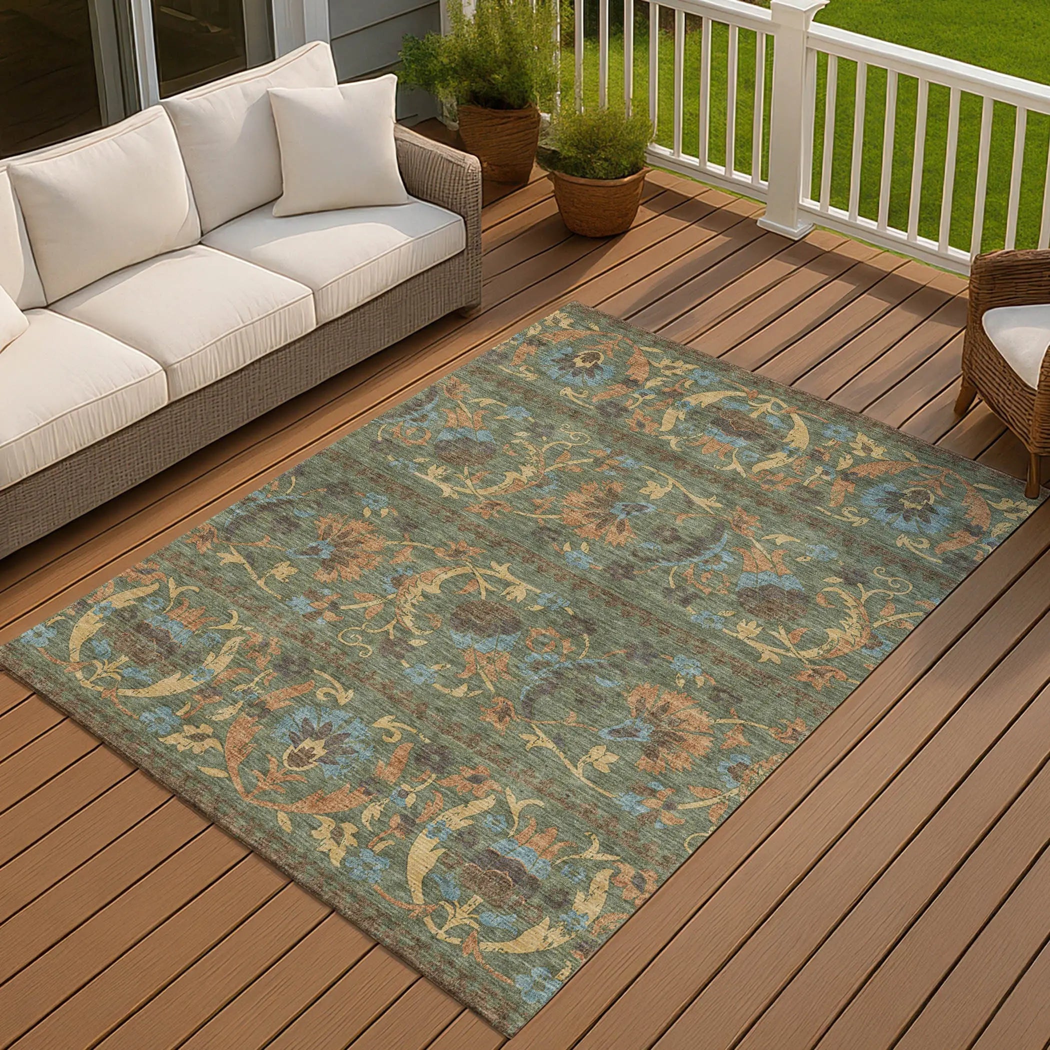 9' X 12' Green And Copper Floral Washable Indoor Outdoor Area Rug Homeroots Outdoor