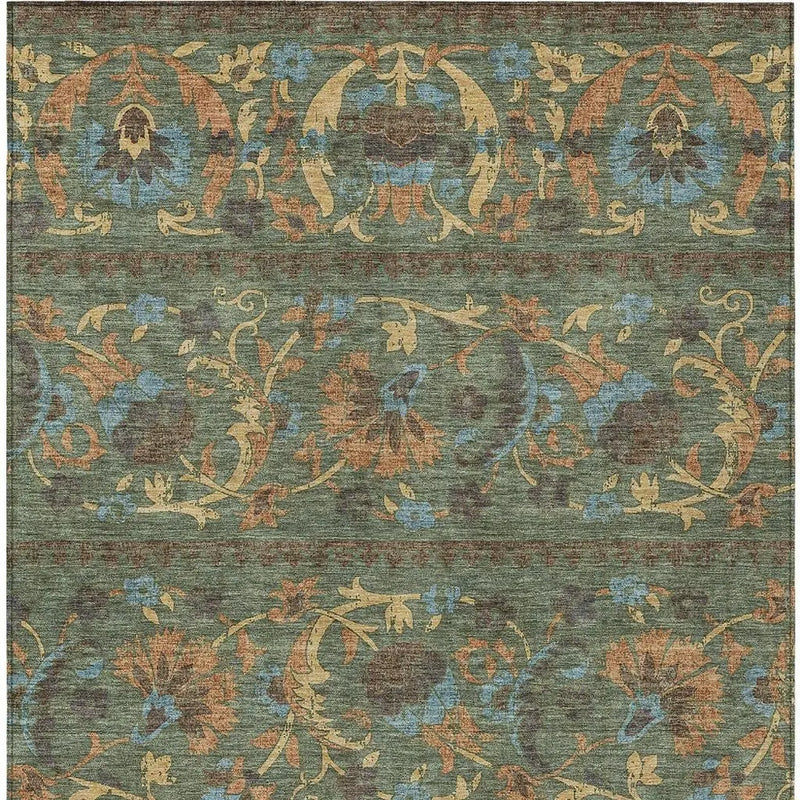 9' X 12' Green And Copper Floral Washable Indoor Outdoor Area Rug Homeroots Outdoor