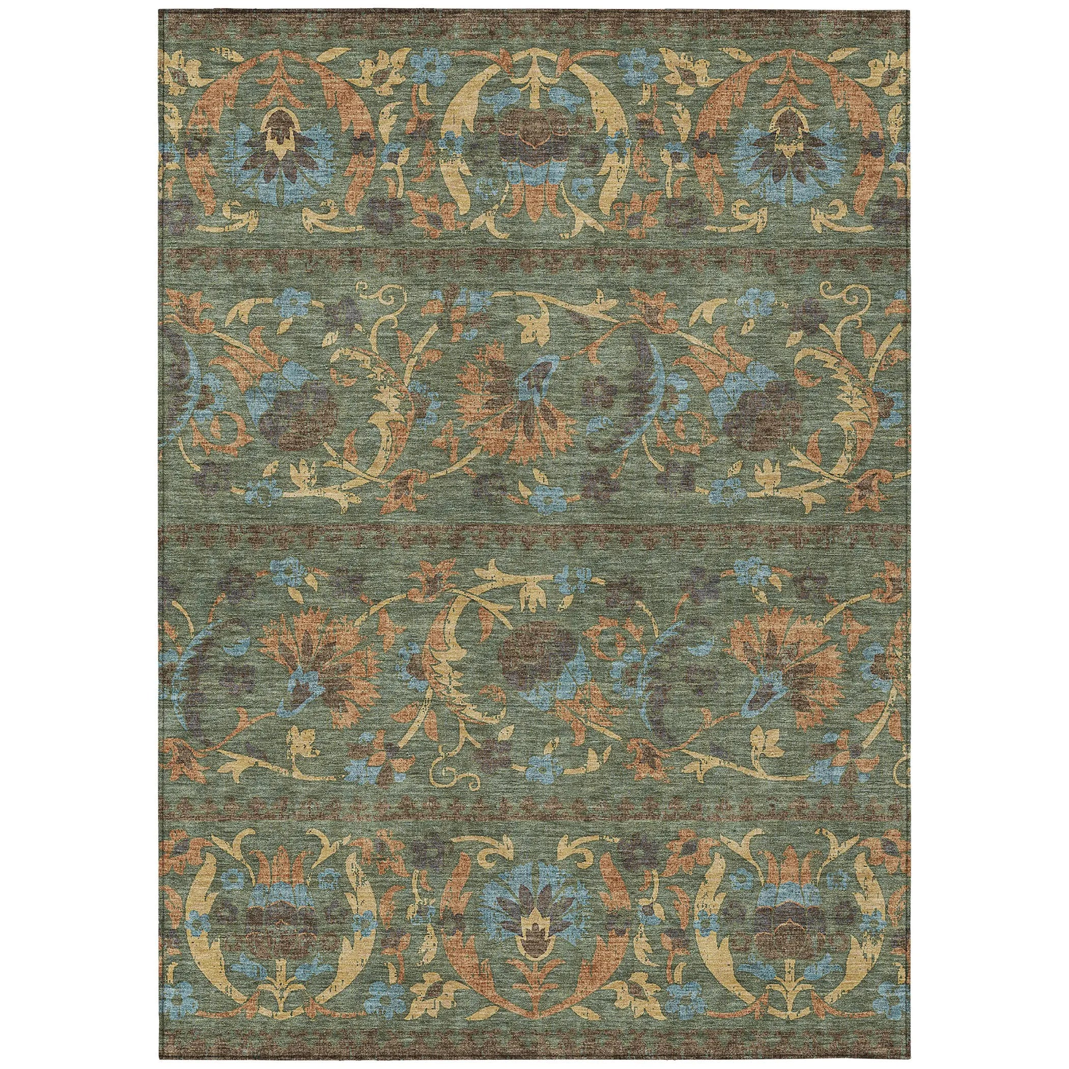 9' X 12' Green And Copper Floral Washable Indoor Outdoor Area Rug Homeroots Outdoor