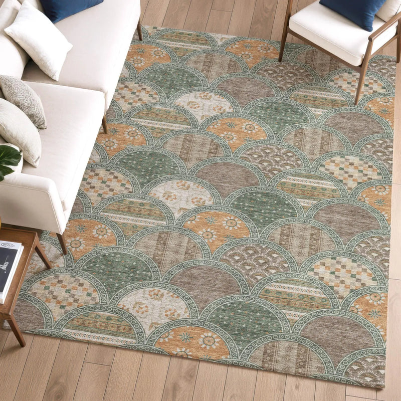9' X 12' Green And Copper Geometric Washable Indoor Outdoor Area Rug Homeroots Outdoor
