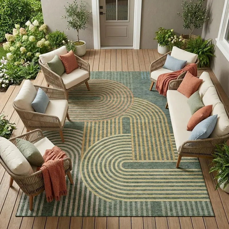 9' X 12' Green And Copper Geometric Washable Indoor Outdoor Area Rug Homeroots Outdoor