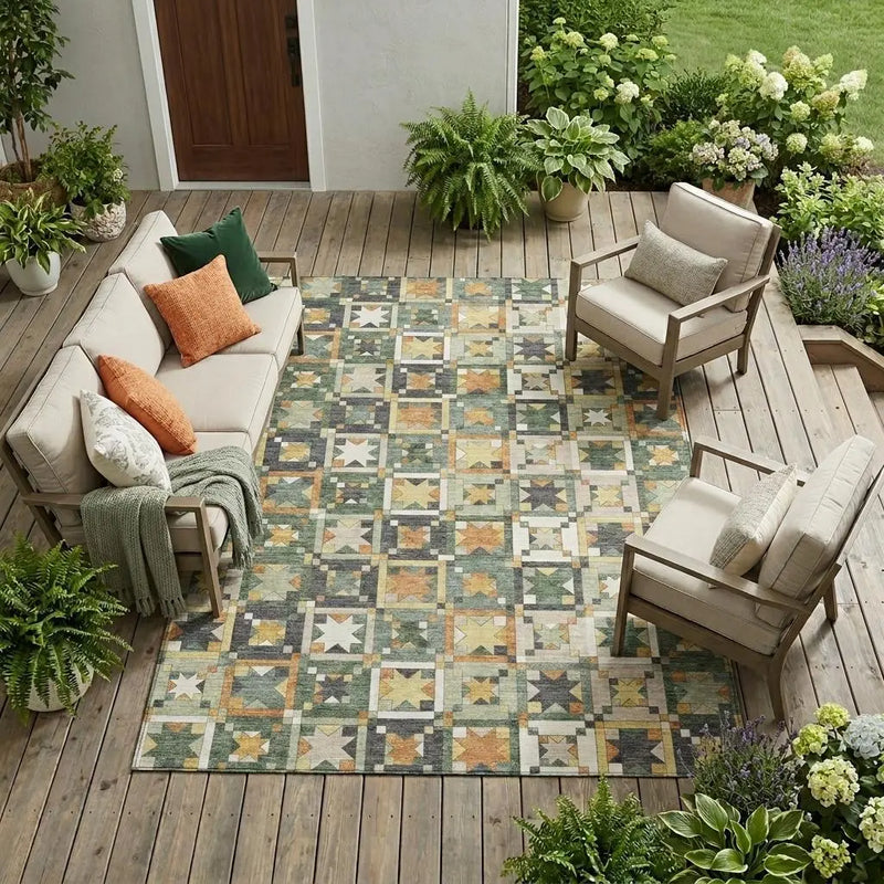 9' X 12' Green And Copper Patchwork Washable Indoor Outdoor Area Rug Homeroots Outdoor