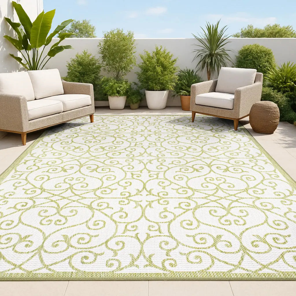 9' X 12' Green And Cream Geometric Indoor Outdoor Area Rug Homeroots Outdoor