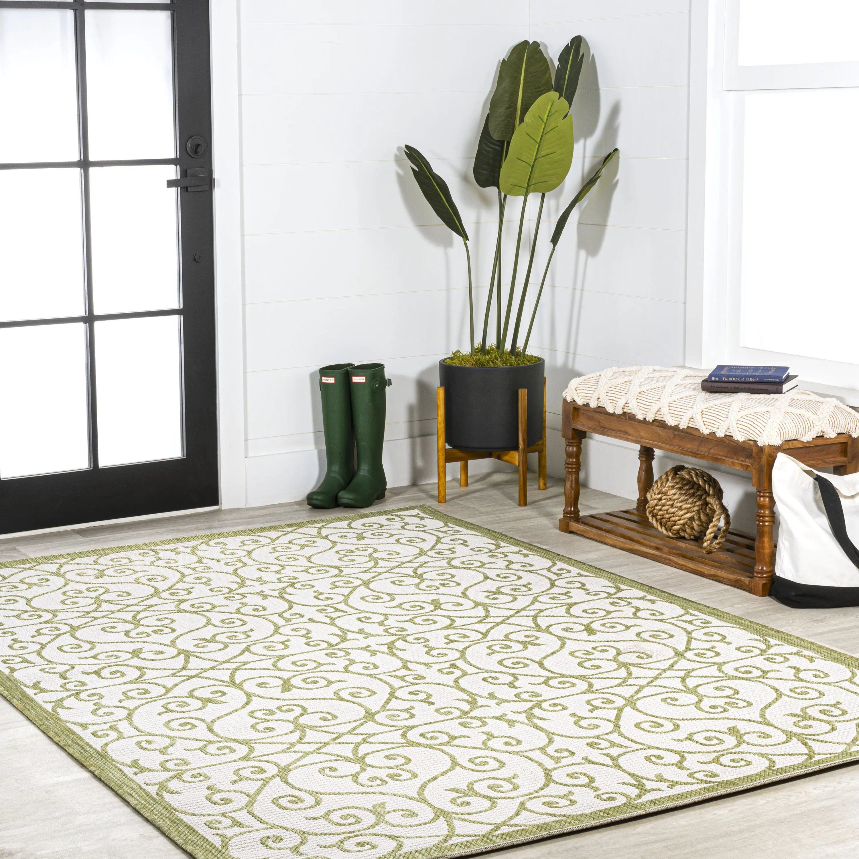 9' X 12' Green And Cream Geometric Indoor Outdoor Area Rug Homeroots Outdoor