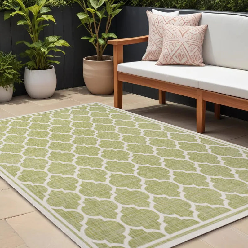 9' X 12' Green And Cream Geometric Indoor Outdoor Area Rug Homeroots Outdoor
