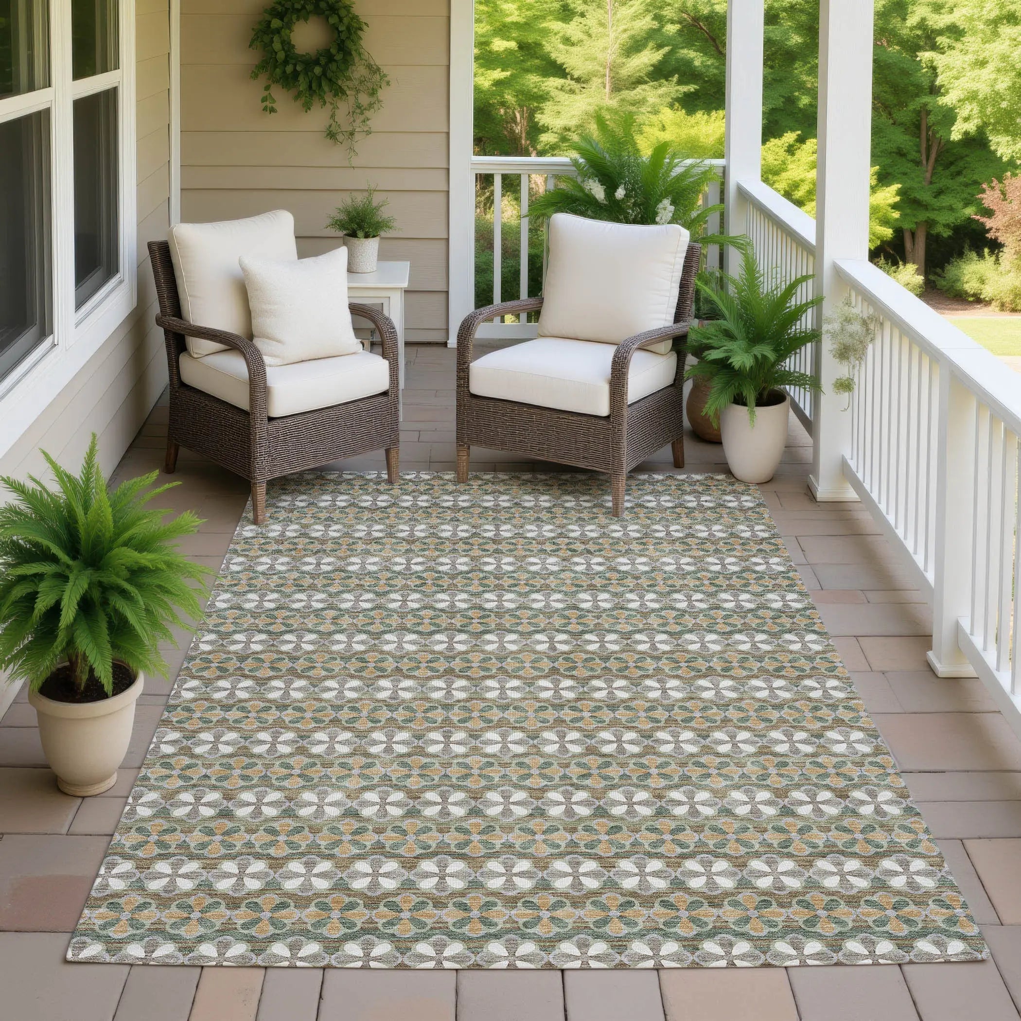 9' X 12' Green And Cream Striped Washable Indoor Outdoor Area Rug Homeroots Outdoor