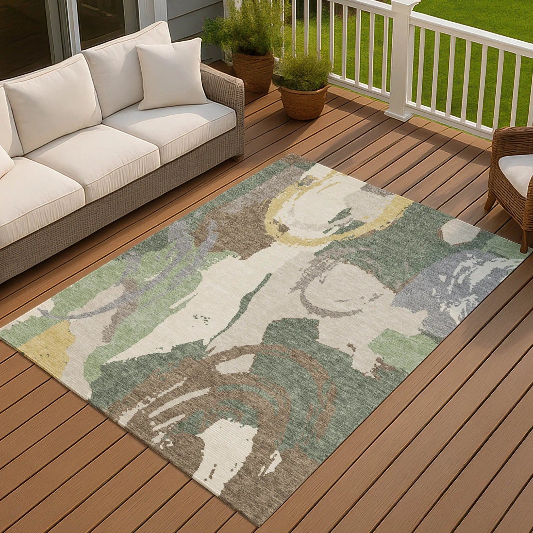 9' X 12' Green And Denim Blue Abstract Washable Indoor Outdoor Area Rug Homeroots Outdoor
