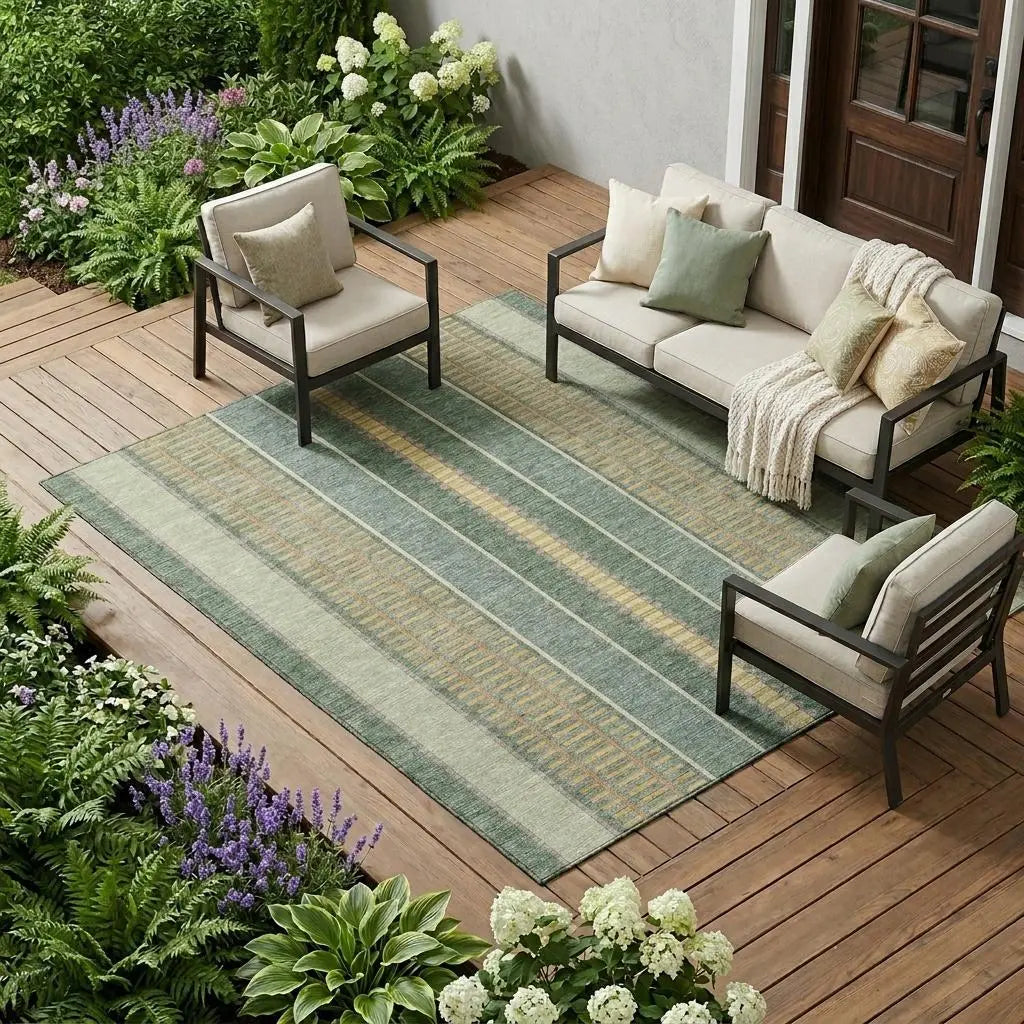 9' X 12' Green And Denim Blue Striped Washable Indoor Outdoor Area Rug Homeroots Outdoor
