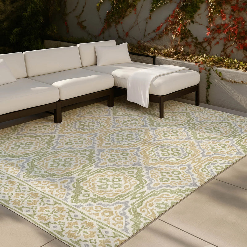 9' X 12' Green And Denim Blue Tribal Washable Indoor Outdoor Area Rug Homeroots Outdoor