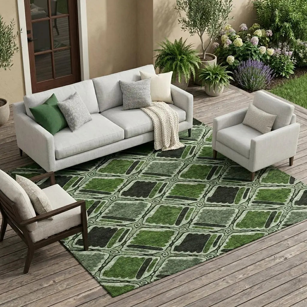 9' X 12' Green And Emerald Geometric Washable Indoor Outdoor Area Rug Homeroots Outdoor