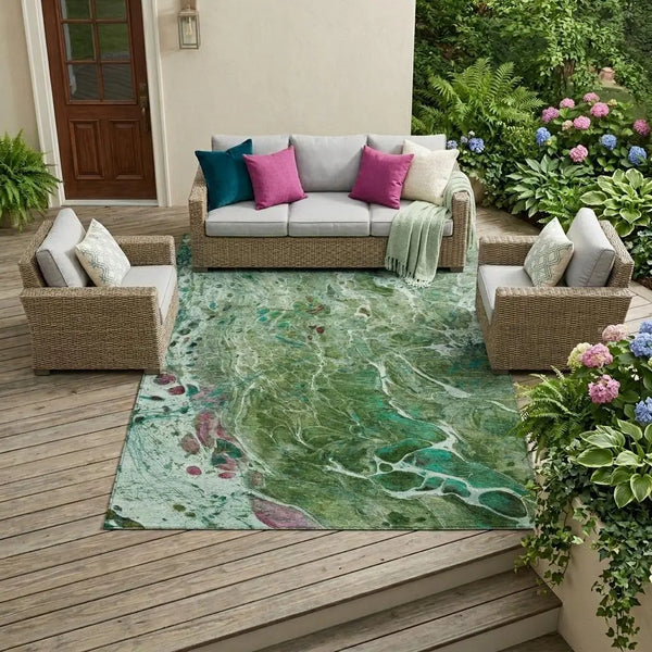 9' X 12' Green And Fern Green Abstract Washable Indoor Outdoor Area Rug Homeroots Outdoor