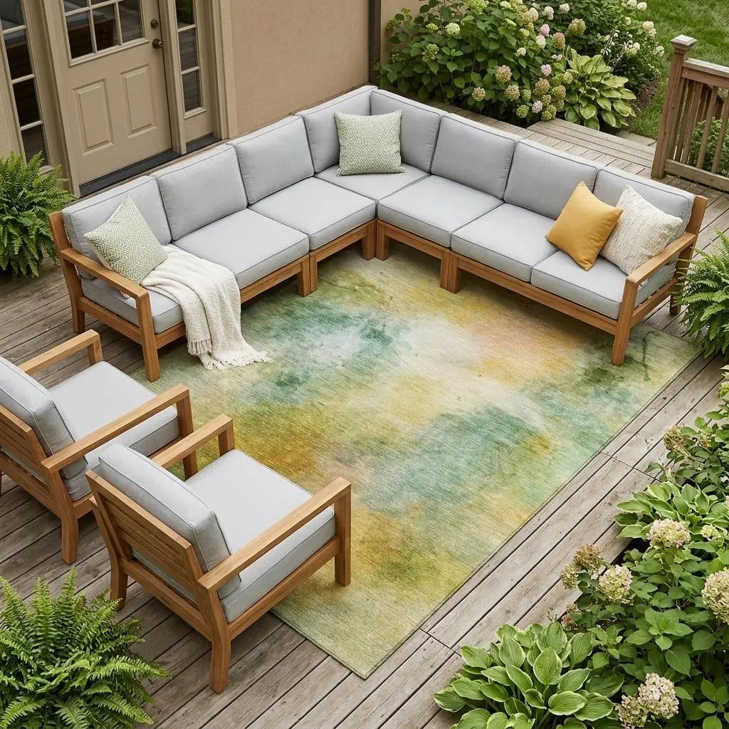 9' X 12' Green And Gold Abstract Washable Indoor Outdoor Area Rug Homeroots Outdoor