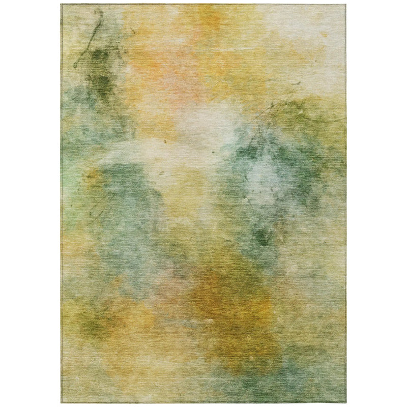 Abstract multicolor area rug in soft greens, yellows, and oranges, crafted from durable, high-quality fibers.