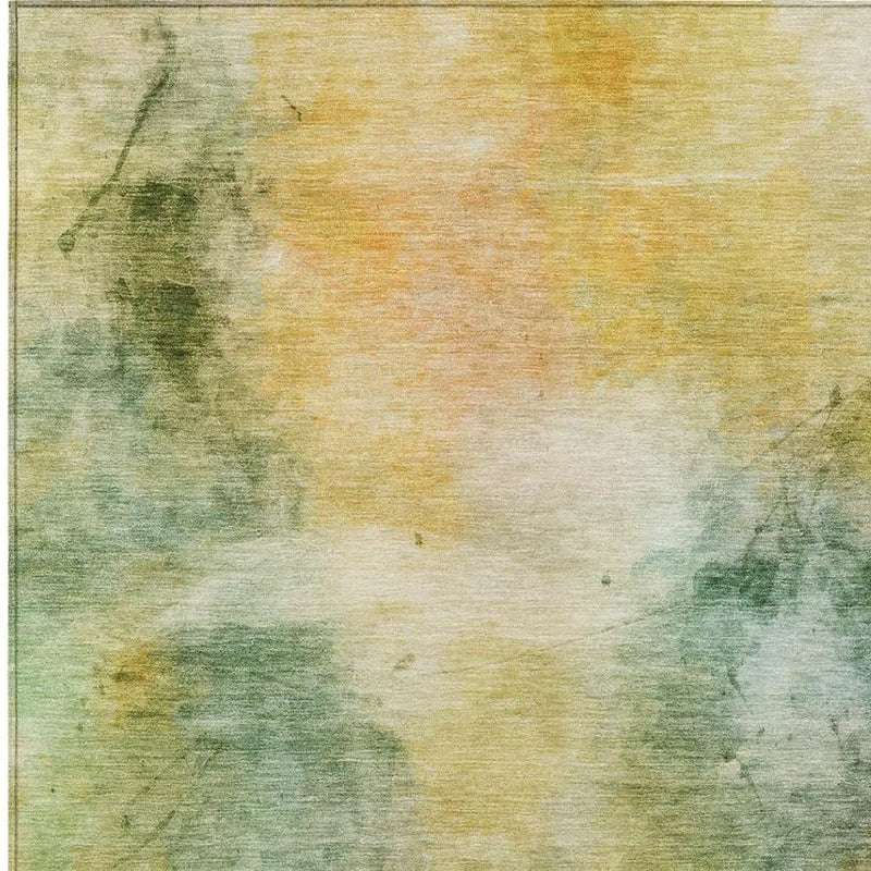 Abstract watercolor rug in soft greens, yellows, and oranges, perfect for adding a vibrant touch to any room.