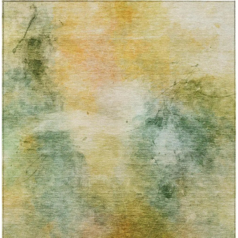 Abstract area rug in soft green, yellow, and beige hues, crafted from durable synthetic fibers for indoor decor.