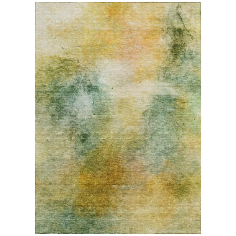 Abstract area rug in soft green, gold, and peach hues; crafted from high-quality synthetic fibers for durability.