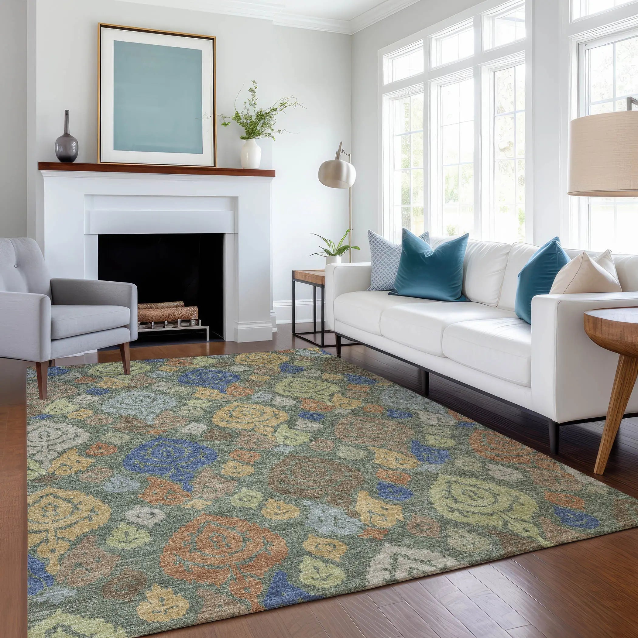 9' X 12' Green And Gold Damask Washable Indoor Outdoor Area Rug Homeroots Outdoor