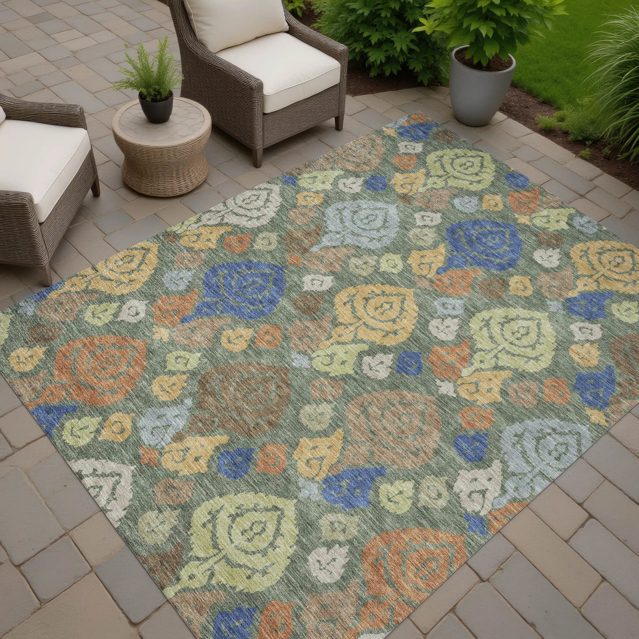 9' X 12' Green And Gold Damask Washable Indoor Outdoor Area Rug Homeroots Outdoor