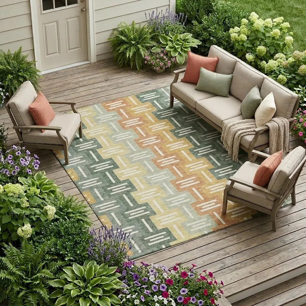 9' X 12' Green And Gold Geometric Washable Indoor Outdoor Area Rug Homeroots Outdoor