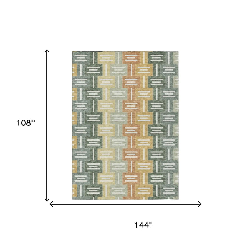 9' X 12' Green And Gold Geometric Washable Indoor Outdoor Area Rug Homeroots Outdoor