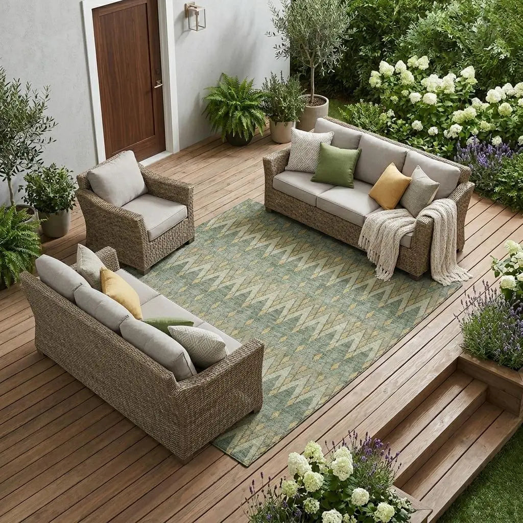9' X 12' Green And Gold Geometric Washable Indoor Outdoor Area Rug Homeroots Outdoor