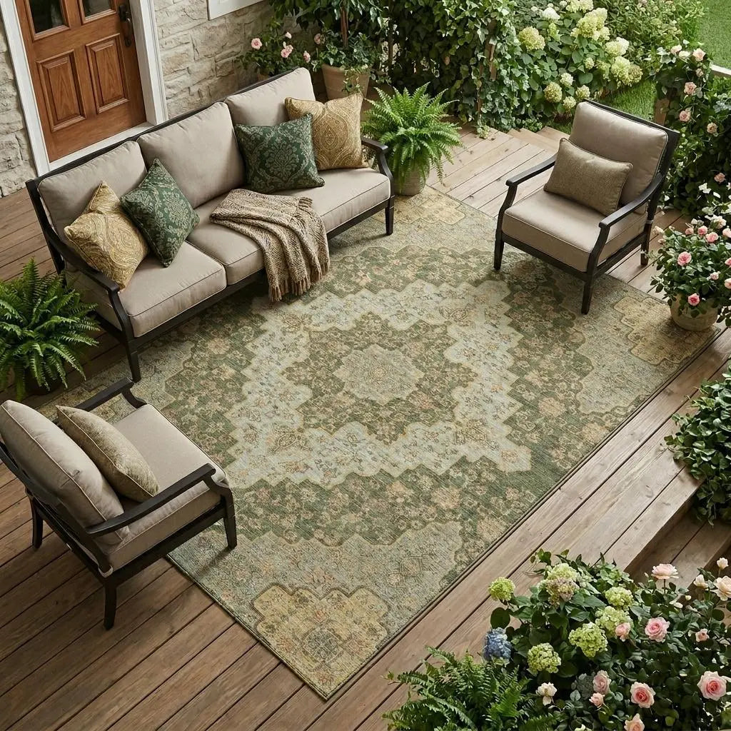 9' X 12' Green And Gold Medallion Washable Indoor Outdoor Area Rug Homeroots Outdoor