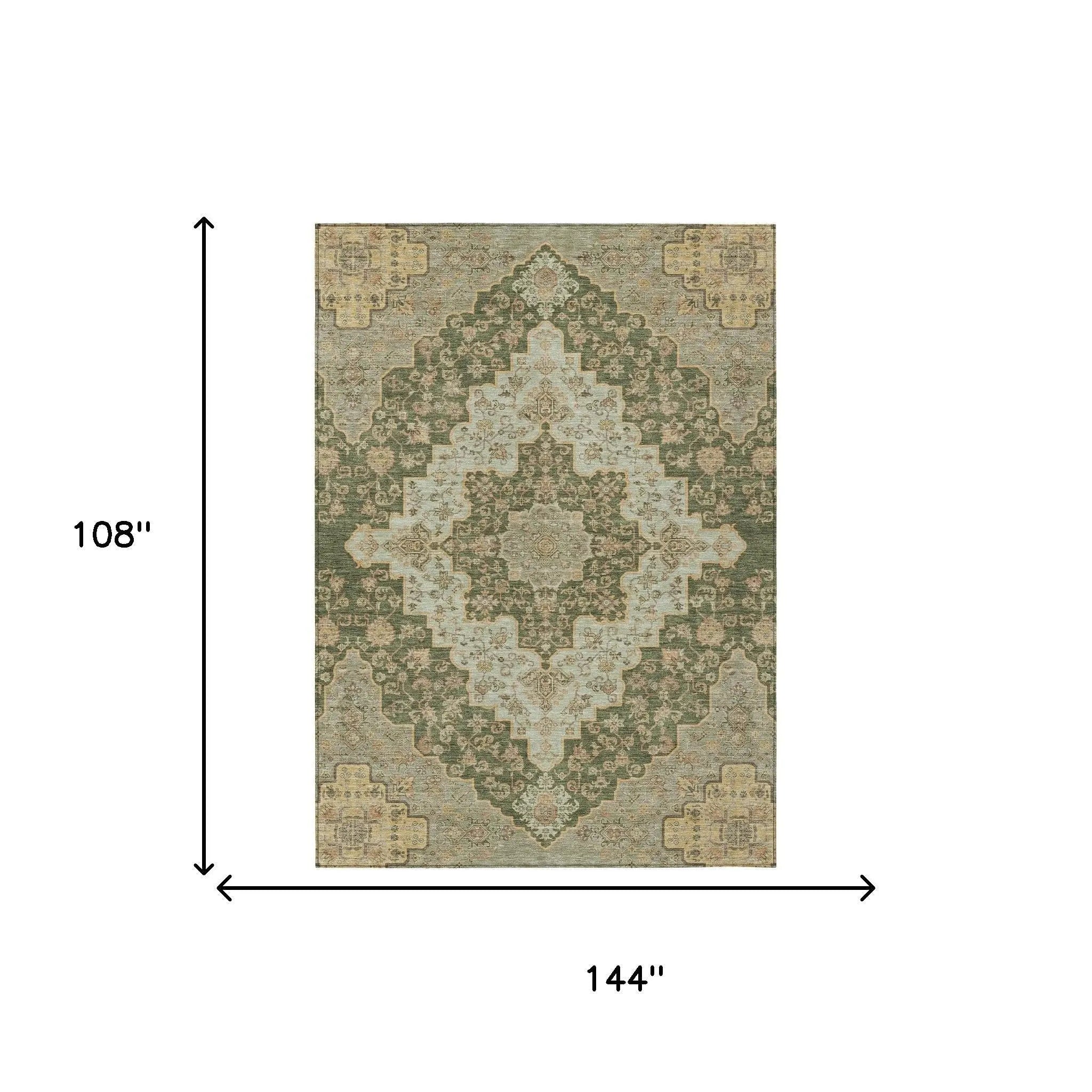 9' X 12' Green And Gold Medallion Washable Indoor Outdoor Area Rug Homeroots Outdoor