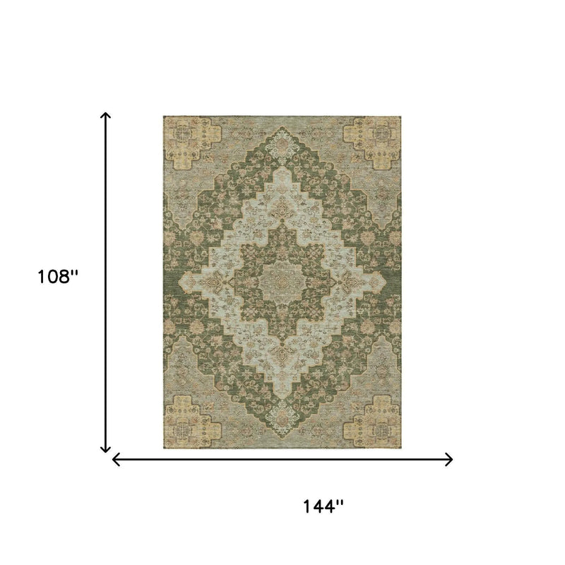 9' X 12' Green And Gold Medallion Washable Indoor Outdoor Area Rug Homeroots Outdoor