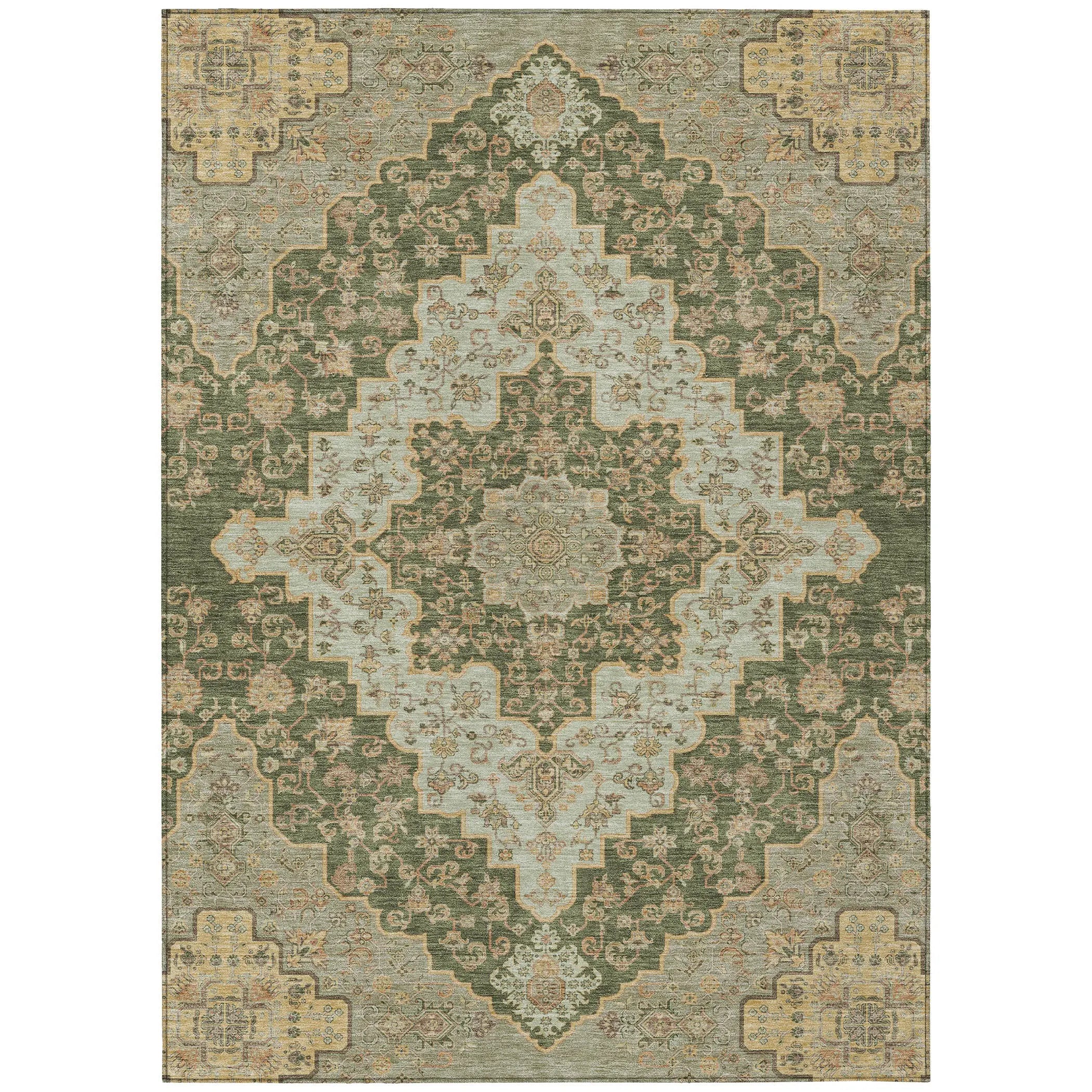 9' X 12' Green And Gold Medallion Washable Indoor Outdoor Area Rug Homeroots Outdoor