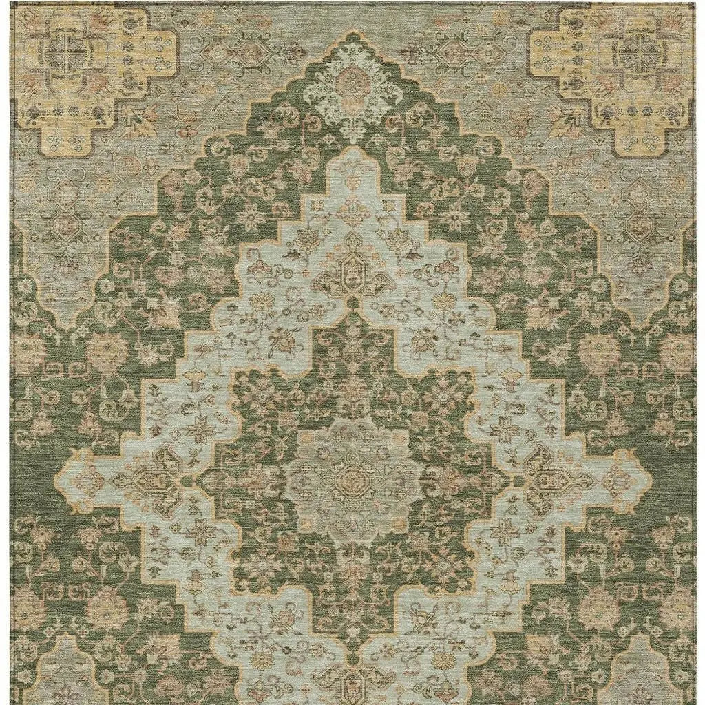 9' X 12' Green And Gold Medallion Washable Indoor Outdoor Area Rug Homeroots Outdoor