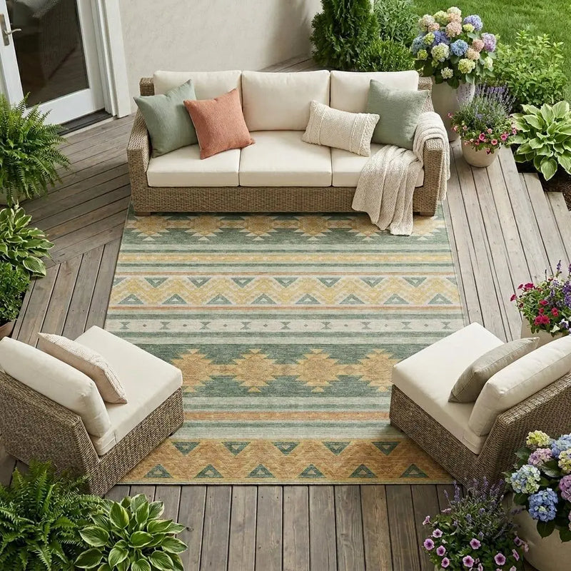 9' X 12' Green And Gold Southwestern Washable Indoor Outdoor Area Rug Homeroots Outdoor
