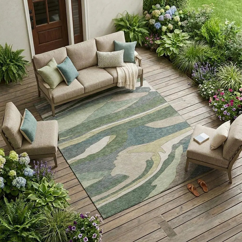 9' X 12' Green And Gray Abstract Washable Indoor Outdoor Area Rug Homeroots Outdoor