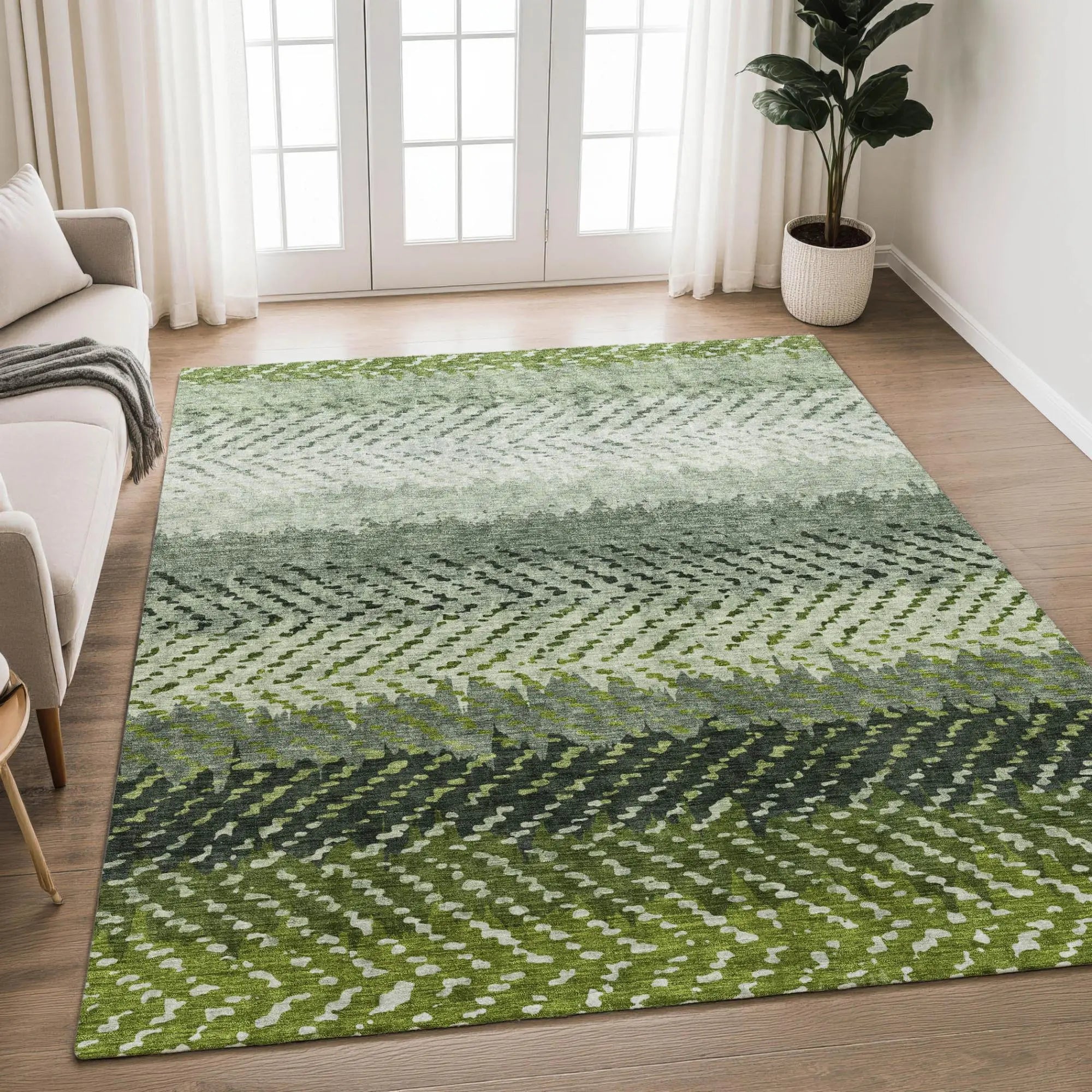 9' X 12' Green And Gray Striped Washable Indoor Outdoor Area Rug Homeroots Outdoor