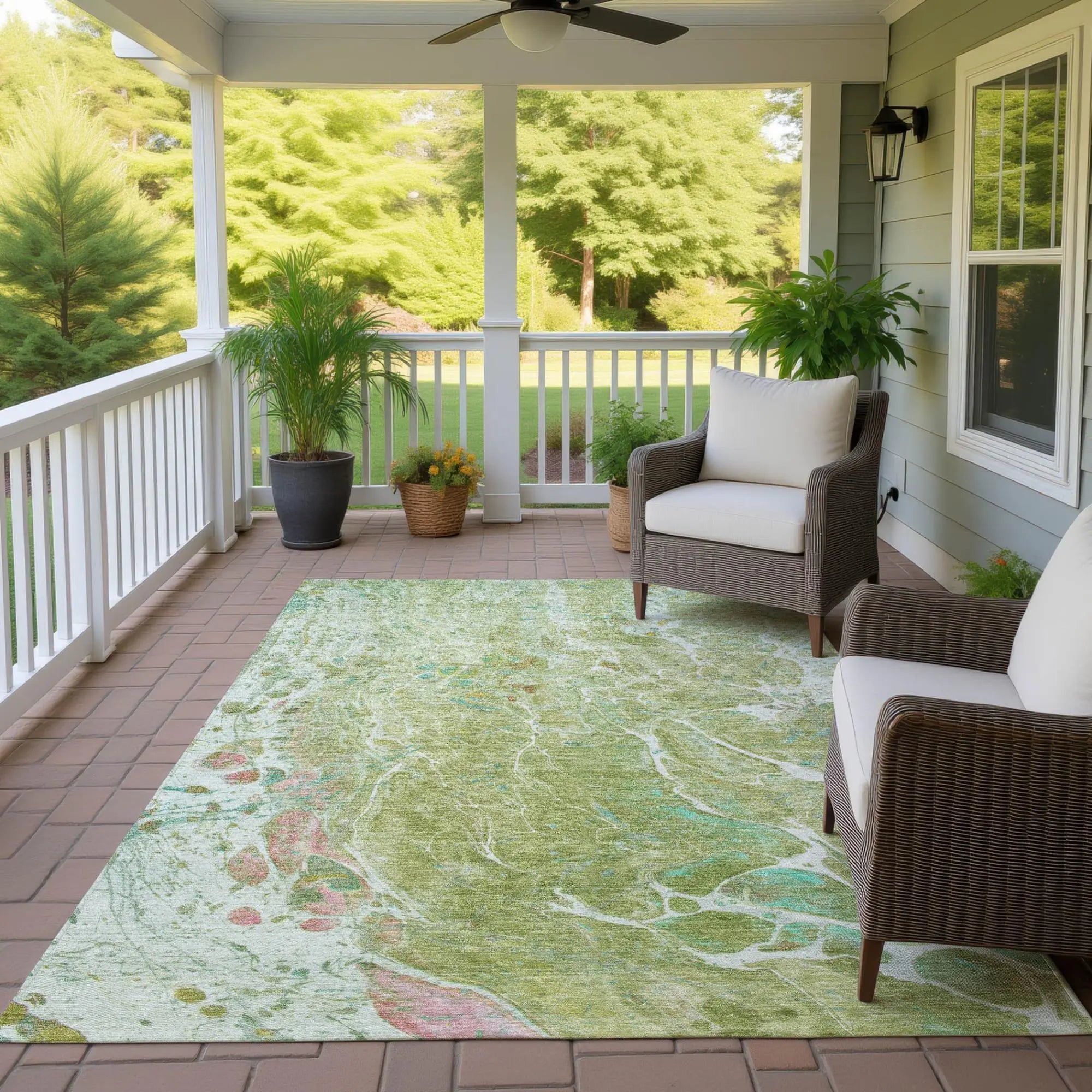 9' X 12' Green And Ivory Abstract Washable Indoor Outdoor Area Rug Homeroots Outdoor