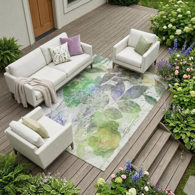 9' X 12' Green And Ivory Botanical Leaves Washable Indoor Outdoor Area Rug Homeroots Outdoor