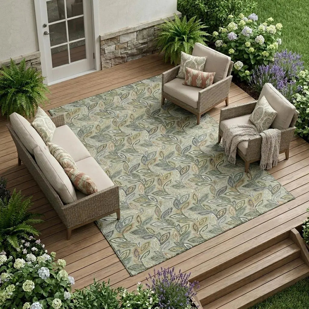 9' X 12' Green And Ivory Botanical Leaves Washable Indoor Outdoor Area Rug Homeroots Outdoor