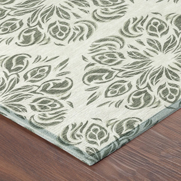 9' X 12' Green And Ivory Damask Washable Indoor Outdoor Area Rug Homeroots Outdoor