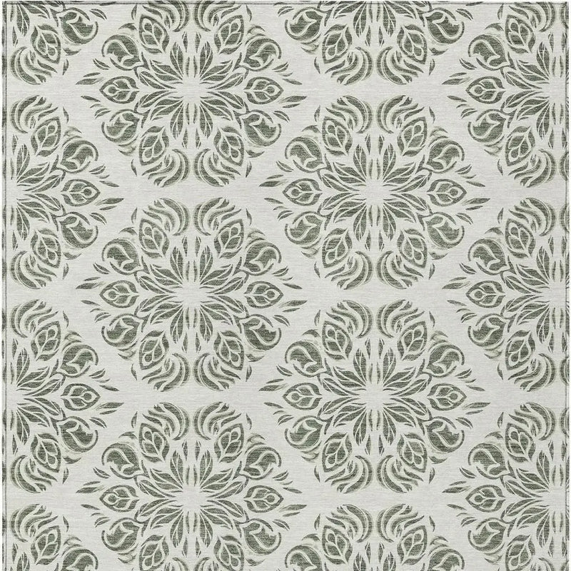 9' X 12' Green And Ivory Damask Washable Indoor Outdoor Area Rug Homeroots Outdoor