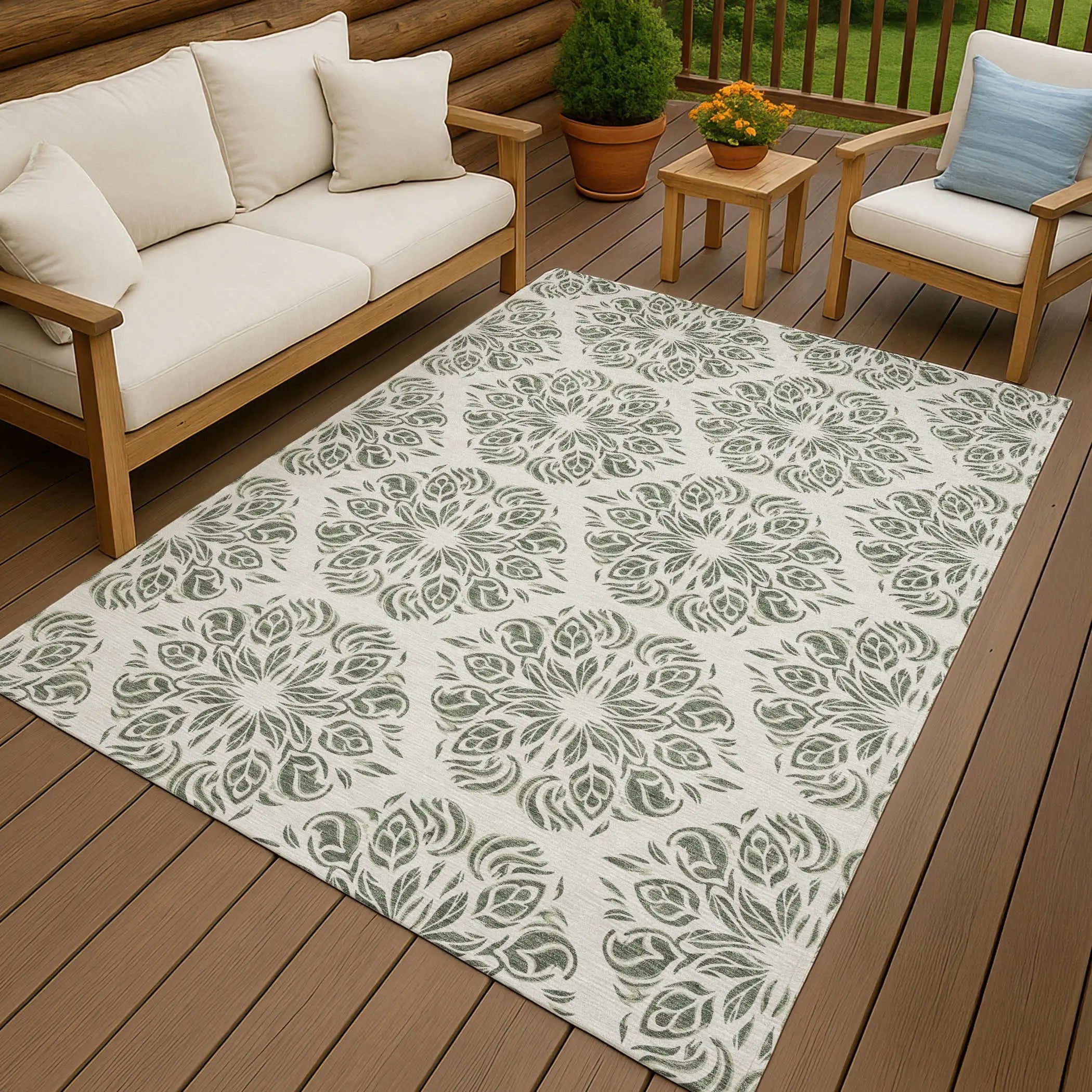9' X 12' Green And Ivory Damask Washable Indoor Outdoor Area Rug Homeroots Outdoor