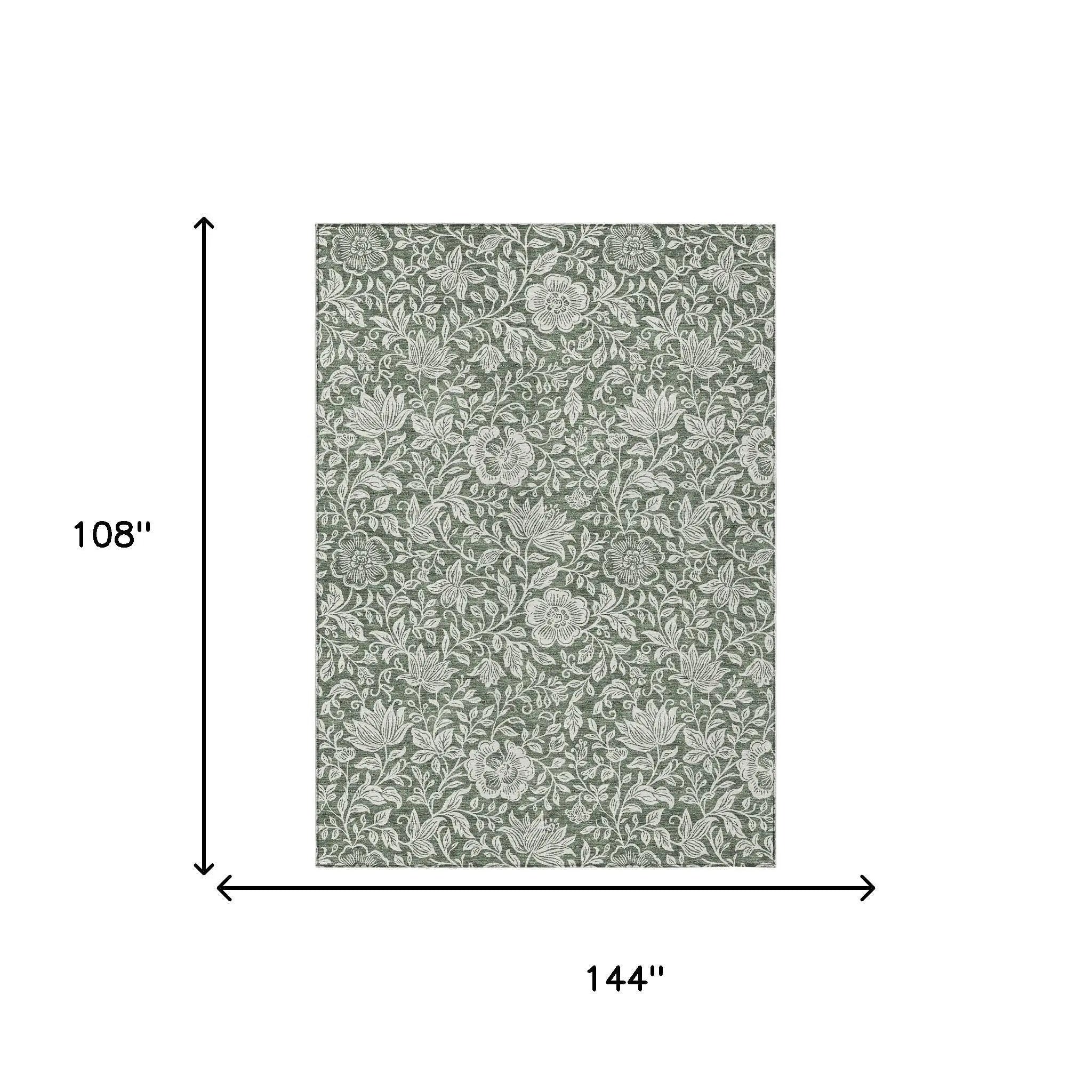 9' X 12' Green And Ivory Floral Washable Indoor Outdoor Area Rug Homeroots Outdoor