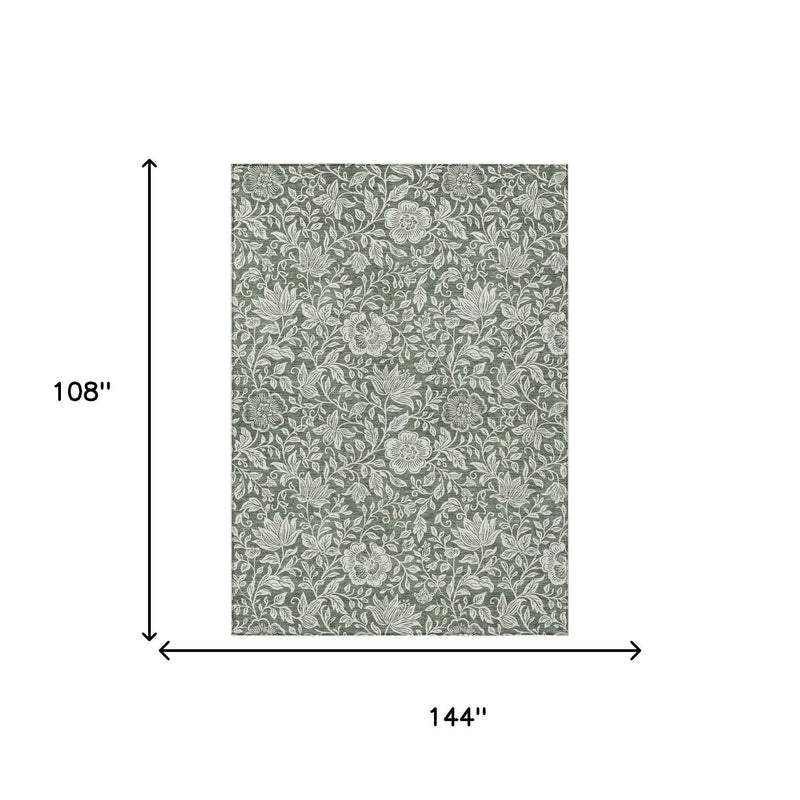 9' X 12' Green And Ivory Floral Washable Indoor Outdoor Area Rug Homeroots Outdoor