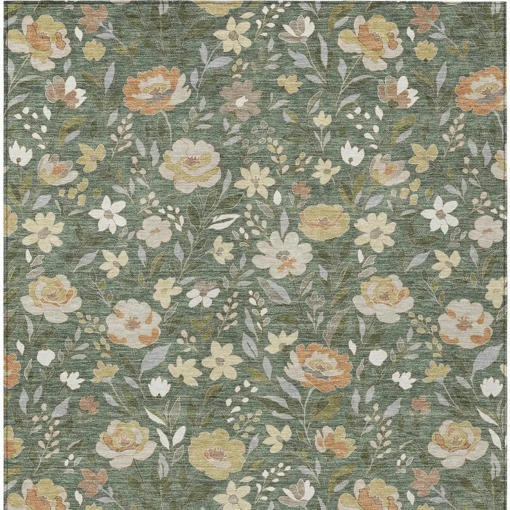 9' X 12' Green And Ivory Floral Washable Indoor Outdoor Area Rug Homeroots Outdoor