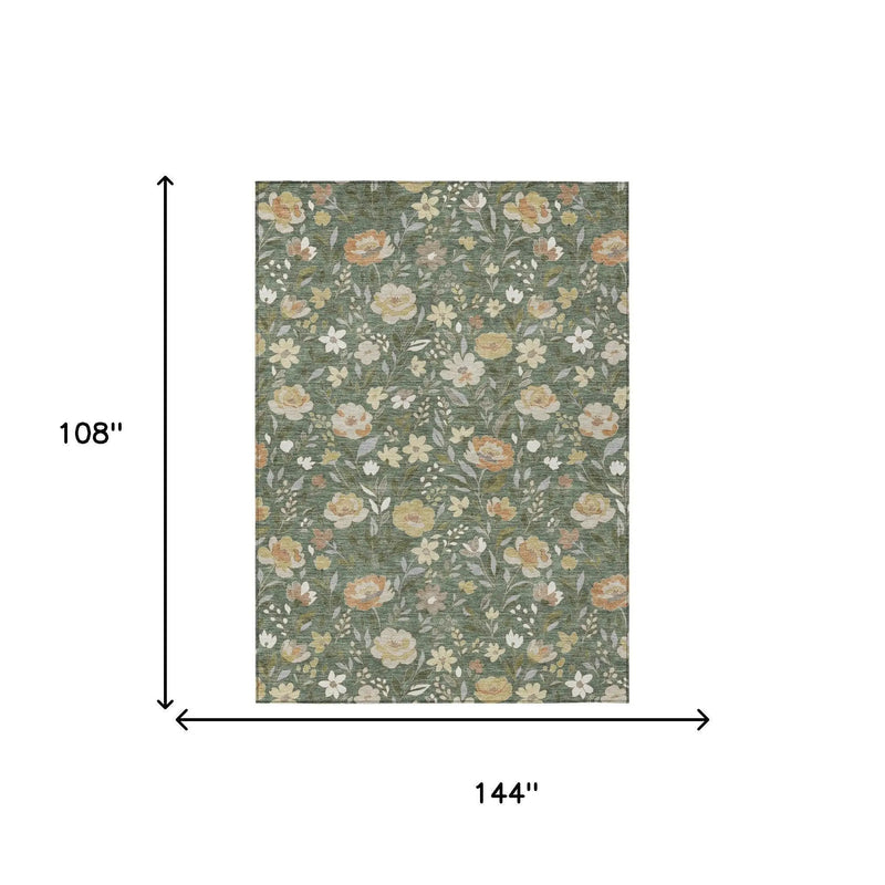 9' X 12' Green And Ivory Floral Washable Indoor Outdoor Area Rug Homeroots Outdoor