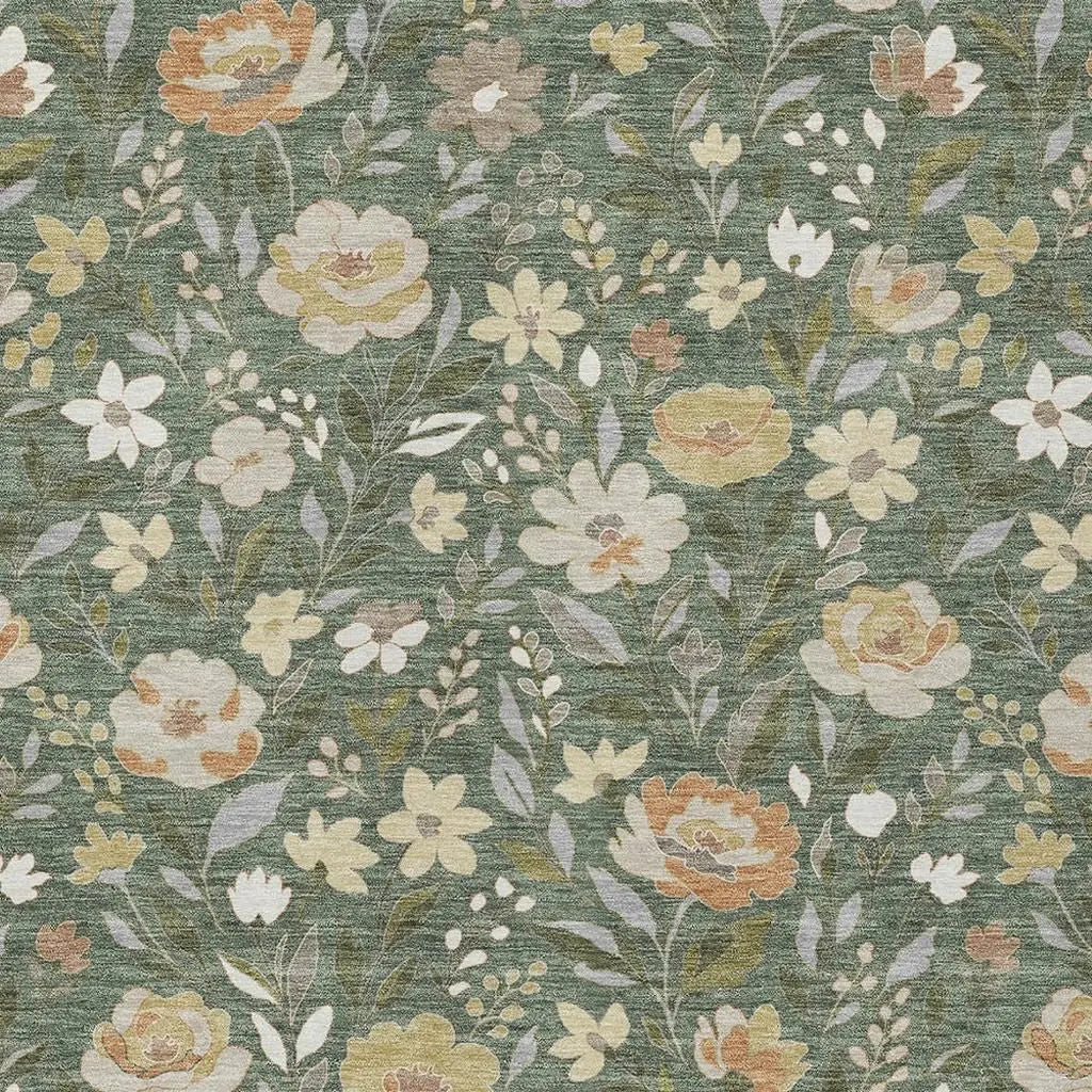 9' X 12' Green And Ivory Floral Washable Indoor Outdoor Area Rug Homeroots Outdoor
