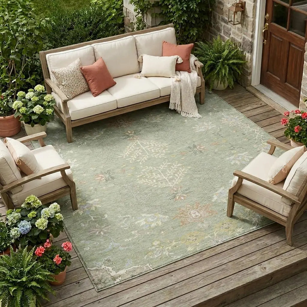 9' X 12' Green And Ivory Oriental Washable Indoor Outdoor Area Rug Homeroots Outdoor