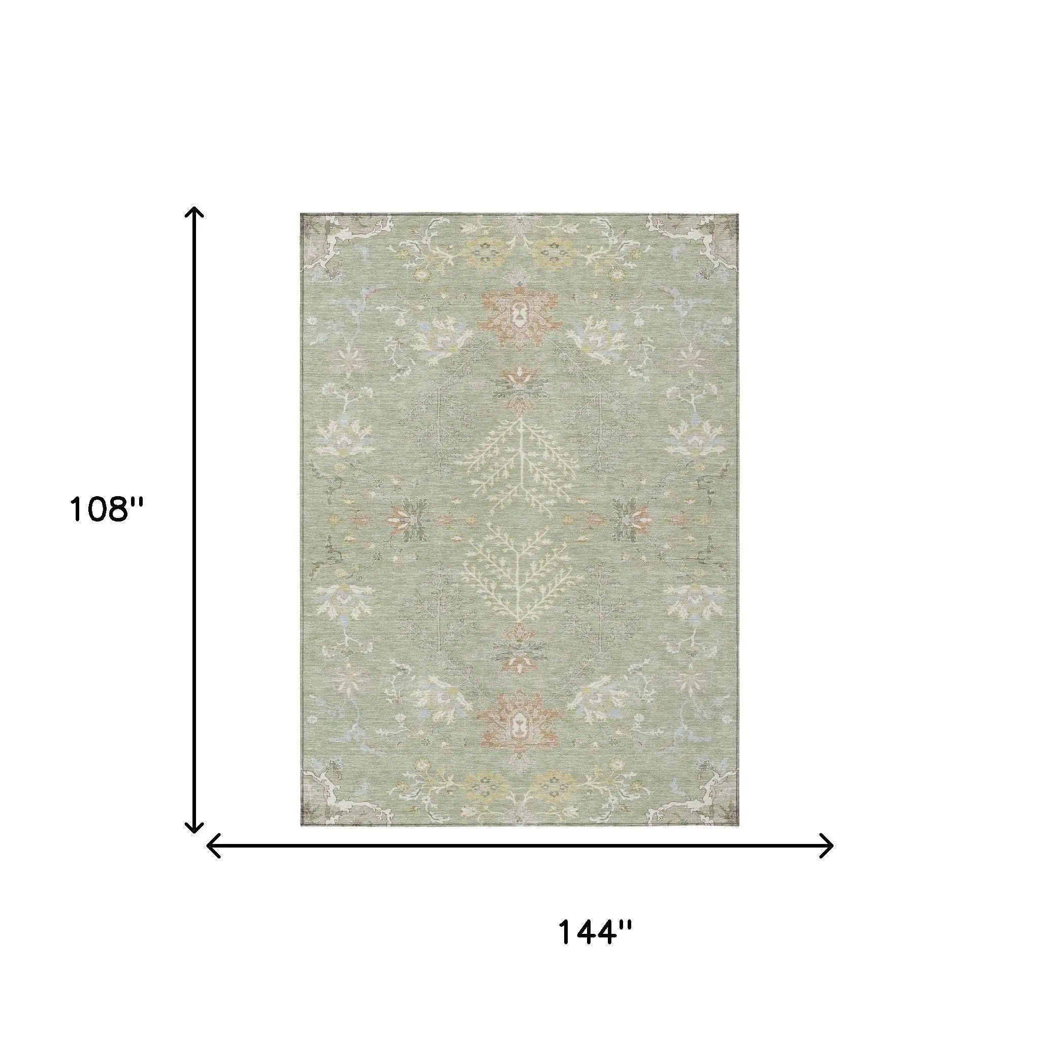 9' X 12' Green And Ivory Oriental Washable Indoor Outdoor Area Rug Homeroots Outdoor