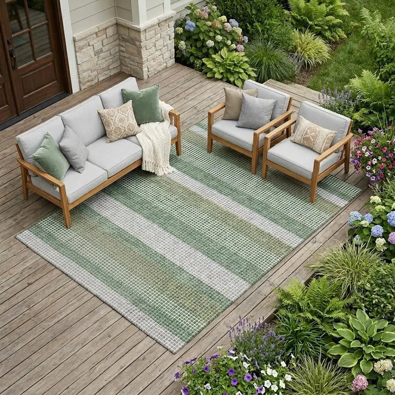 9' X 12' Green And Ivory Striped Washable Indoor Outdoor Area Rug Homeroots Outdoor