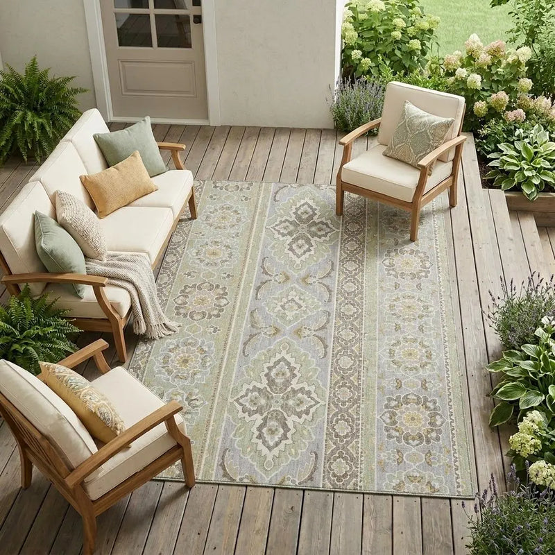 9' X 12' Green And Ivory Tribal Washable Indoor Outdoor Area Rug Homeroots Outdoor